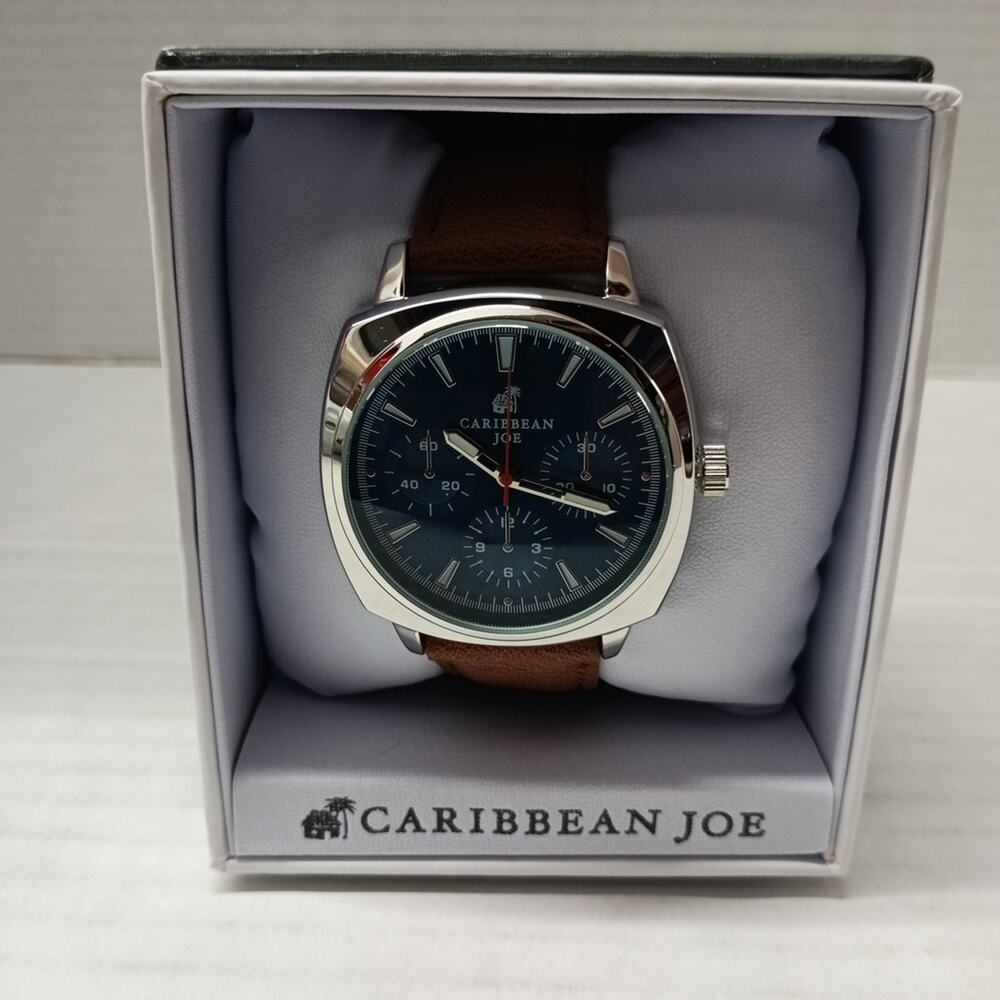 Caribbean Joe Watch Men 44mm‎ Case Brown Band Blue Dial Silver Tone w/ Box